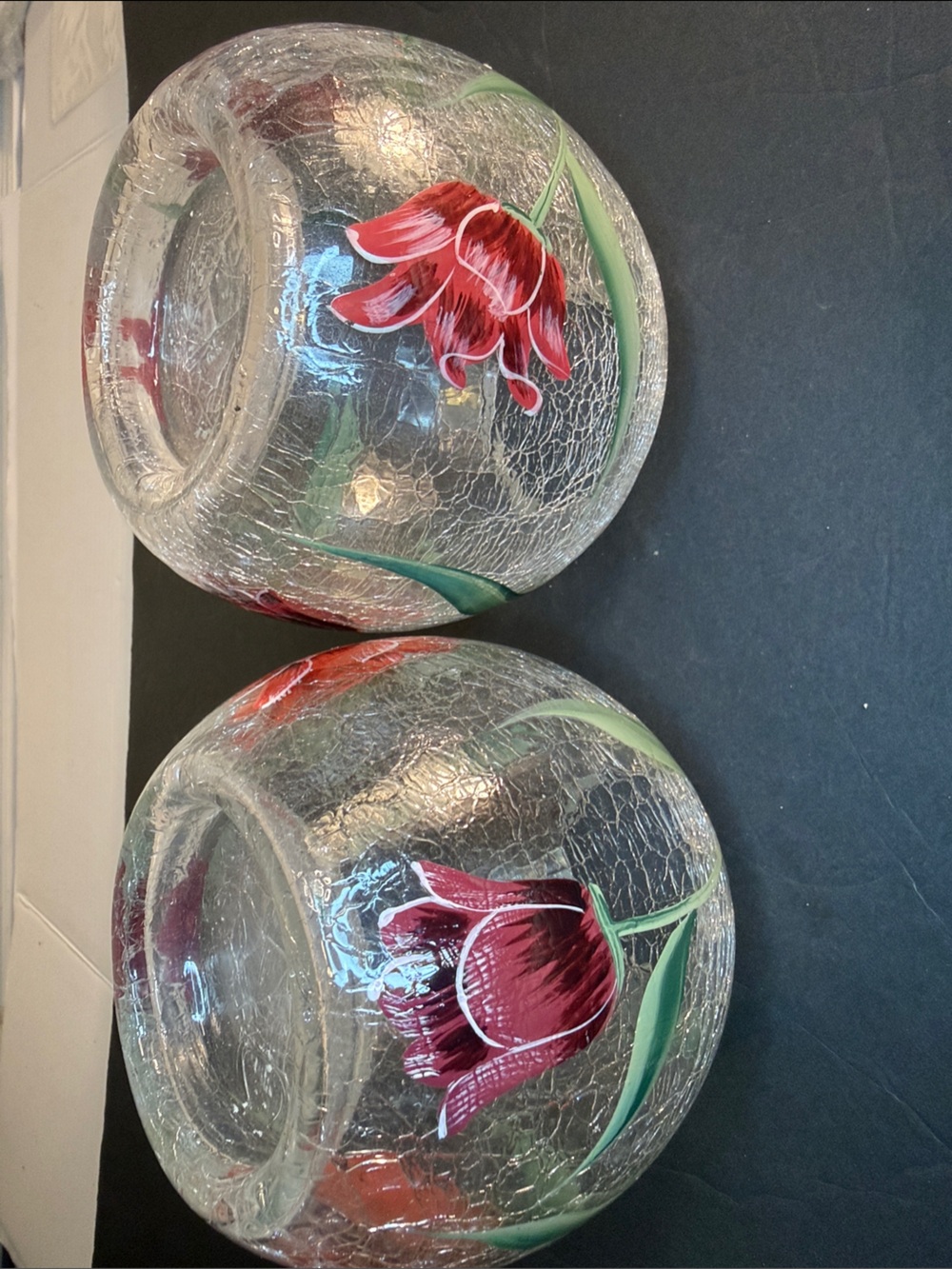 Hand-Painted Crackle Glass candle holder with Red Tulip Motif (Pair)